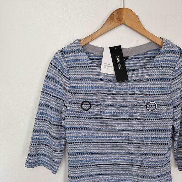 Misook Blue Multi Whipstitch Dress 3/4 Sleeves with Faux Pockets - Picture 3 of 8